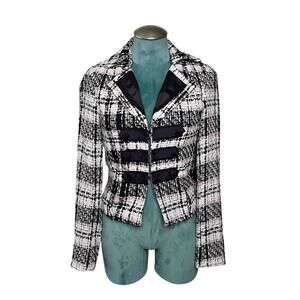 Wet Seal Tweed Plaid Blazer Jacket Women’s Sz M Black White Acrylic Long Sleeve